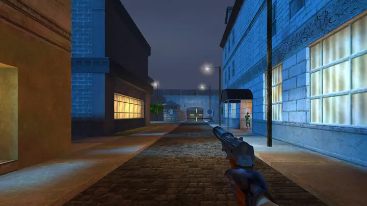 A lamp-lit Berlin street at night, seen over a silenced pistol.