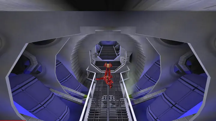Cate Archer on a catwalk inside the H.A.R.M. space station.