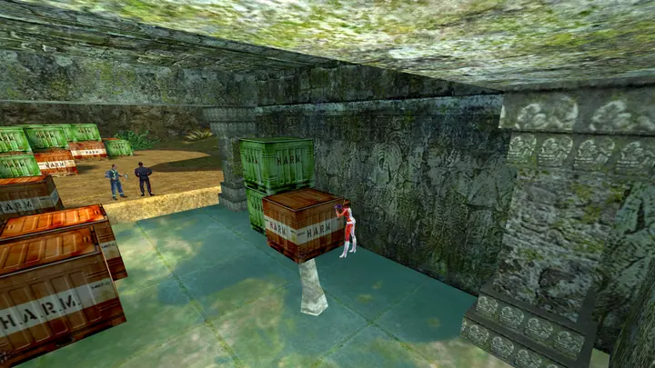 Cate Archer beside stacked H.A.R.M. crates in an overgrown jungle temple.