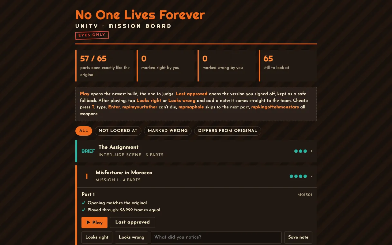 The private UNITY mission board: dark orange design, 57 of 65 parts open exactly like the original, a list of missions with Play and Looks right buttons