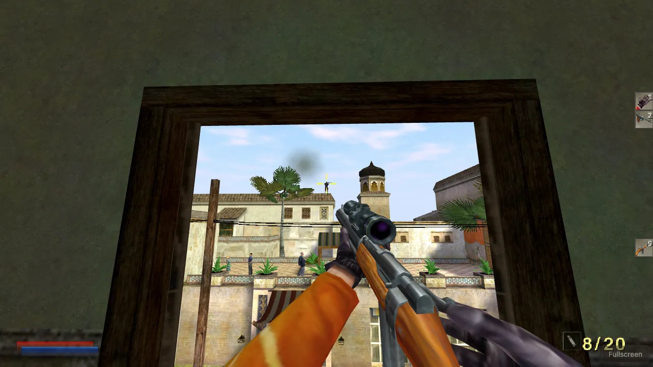 First-person view from the Morocco hotel window: a sniper rifle aimed at a gunman on a distant rooftop, 8 of 20 rounds left