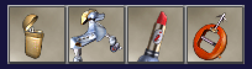 Four gadget icons as shipped in 2000, enlarged so their pixels show: lighter, robotic poodle, lipstick explosive, zip-cord belt