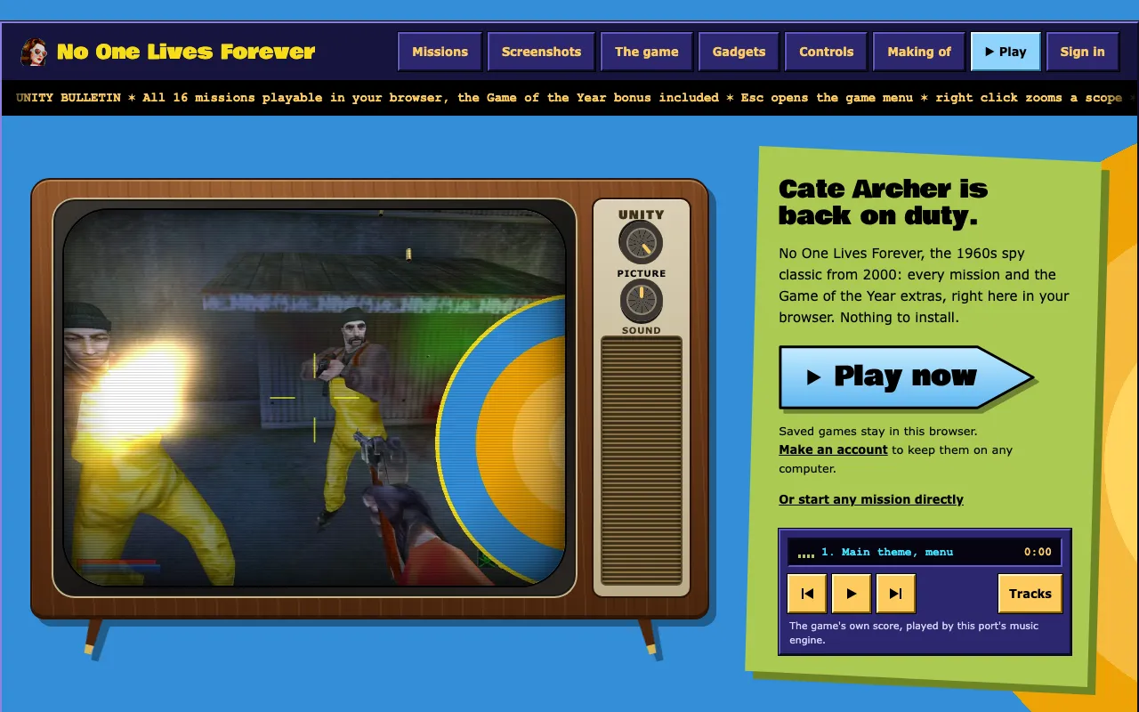The public landing page: a 1960s television showing the reel, a Play now button and a retro music player