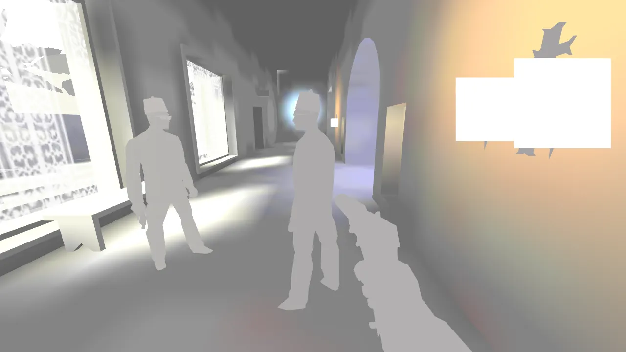 A Morocco hotel corridor drawn with lighting only: grey walls lit by the baked lightmaps, two agents as flat grey shapes, a torch glow as a white block