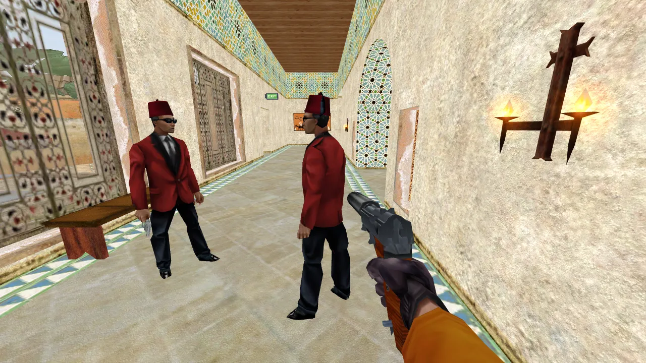 The same corridor with lightmaps switched off: evenly lit, flat, no shadows on the walls or floor