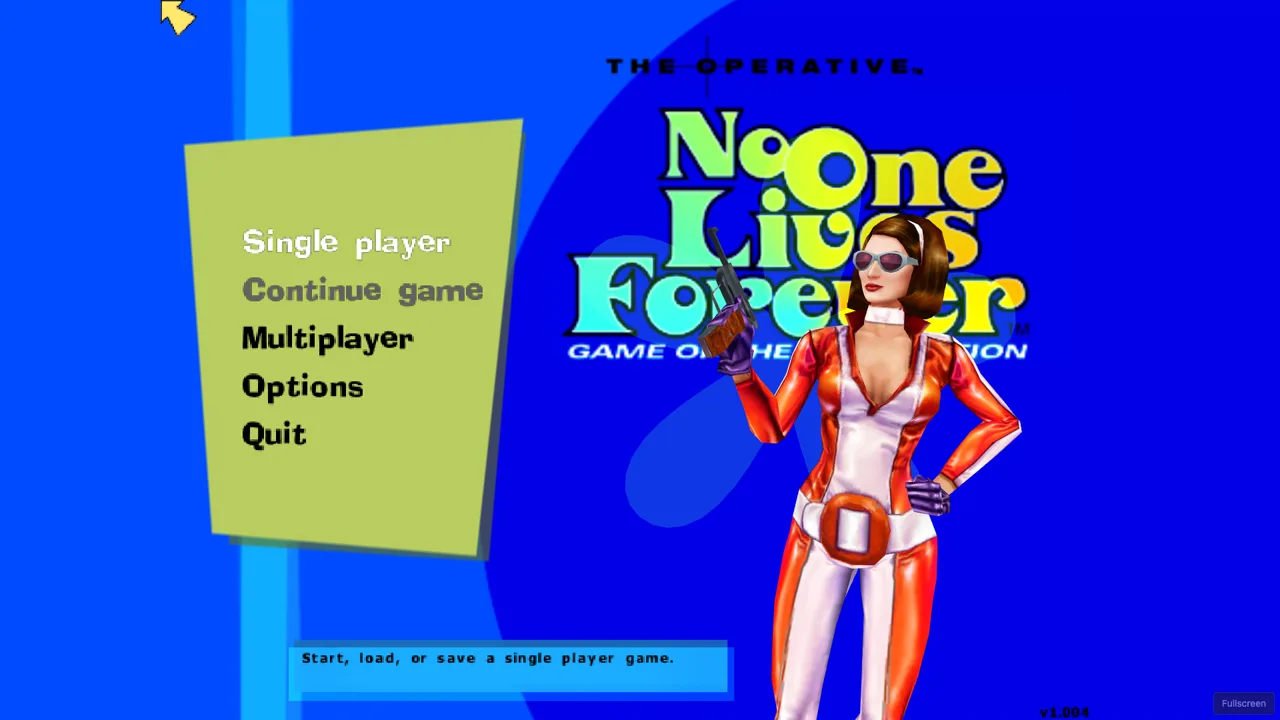 The main menu today: Cate with her white sunglasses and pistol, version label 1.004
