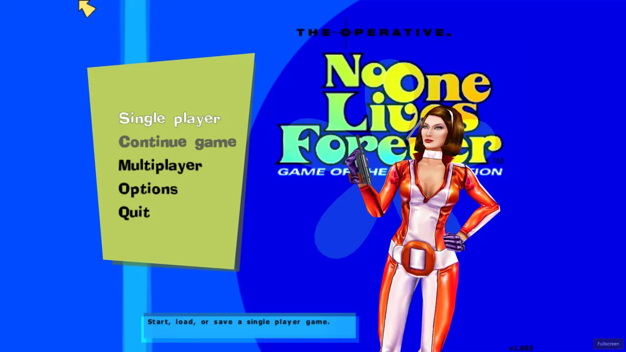 The game's main menu on day one: Cate Archer in her orange catsuit, no sunglasses, version label 1.003
