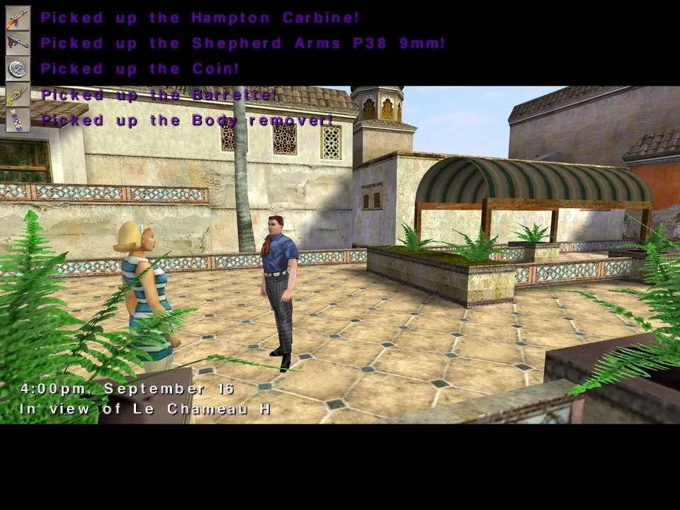 The browser port at the same frame: the same courtyard, people, awning and messages