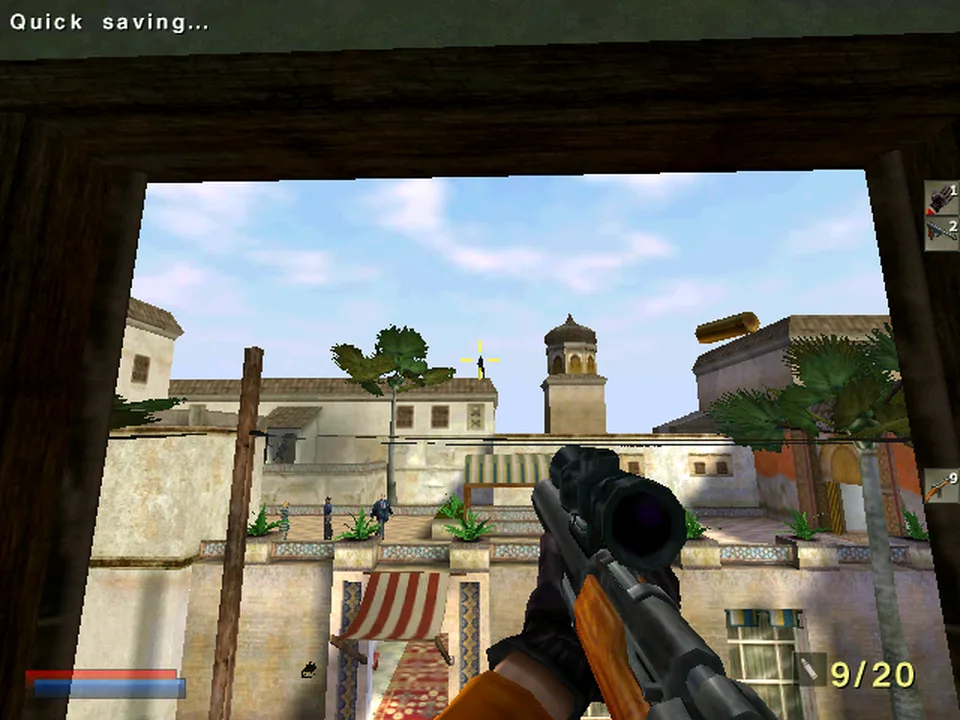 The original game at frame 1500: the sniper's window over Morocco's rooftops, rifle raised, a shell casing in the air, 9 of 20 rounds