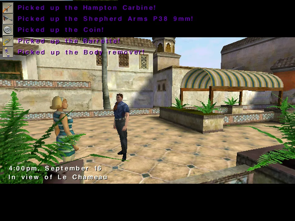 The original 2000 game, run under Wine: Morocco's courtyard at 4:00pm, September 16, a woman and a man by a striped awning, pickup messages listing the starting weapons