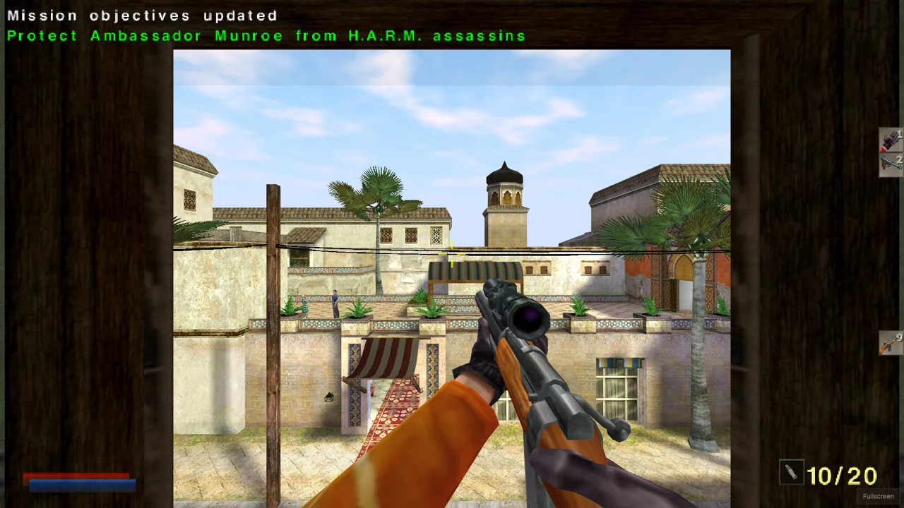 Today: the same window, lit as the original, sniper rifle in hand and the ammunition counter showing 10 of 20